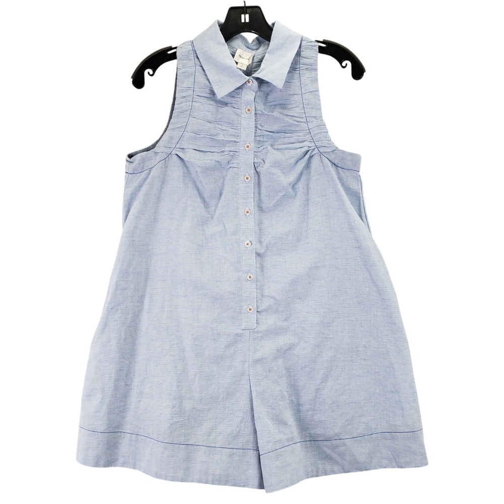 Anthropologie Maeve Linen Romper Womens S Blue Pintuck Button Front Coastal